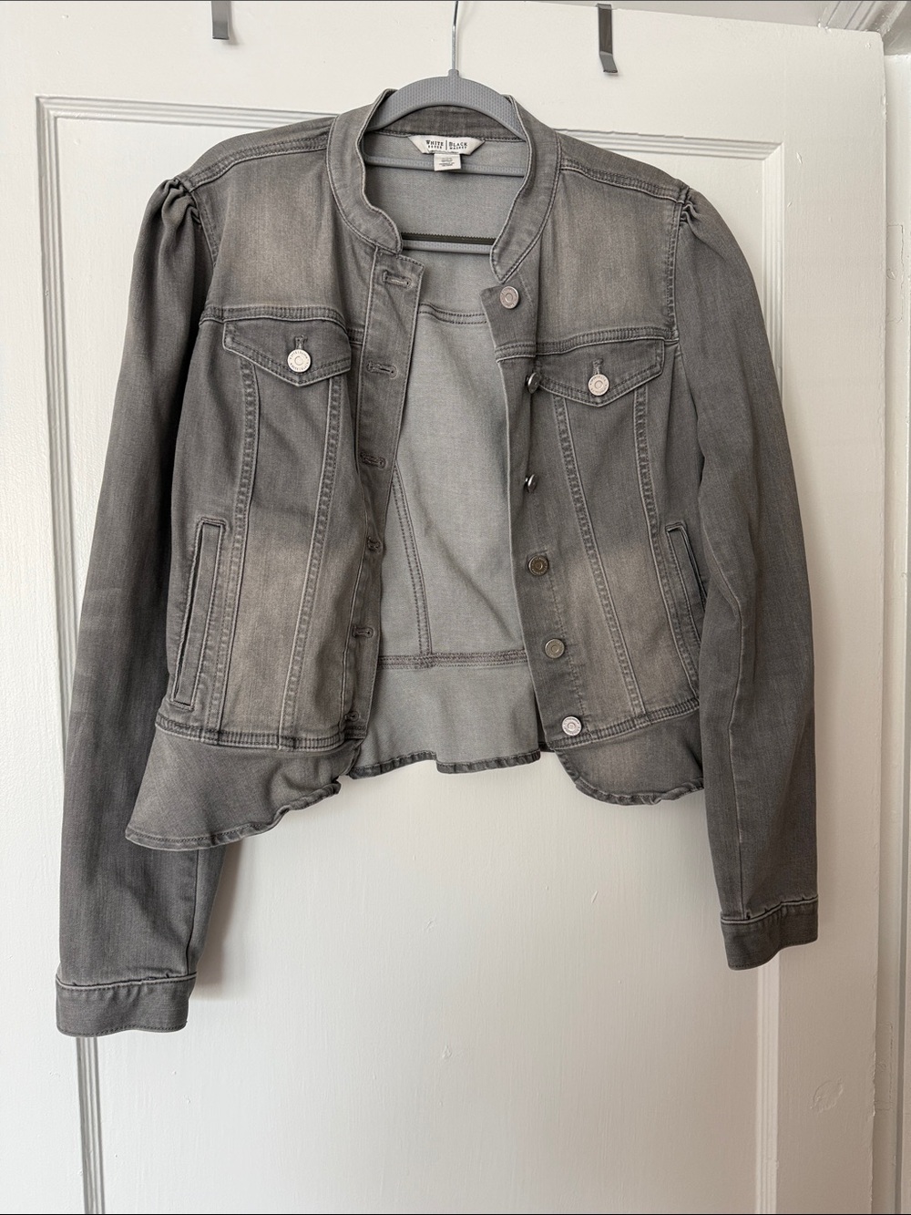 White House Black Market Gray Washed Denim Jacket with Peplum Hem